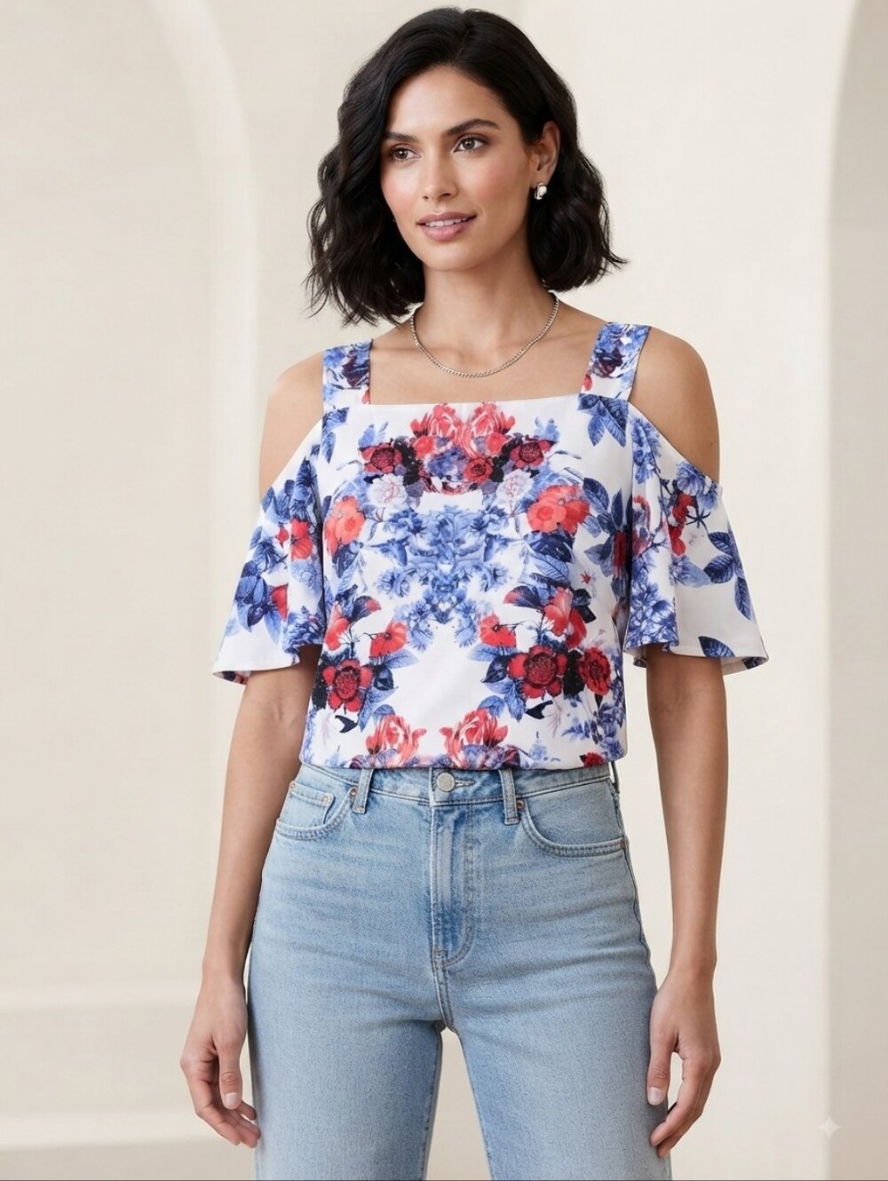 INC International Concepts Floral Cold-Shoulder Blouse - Red, Blue, White